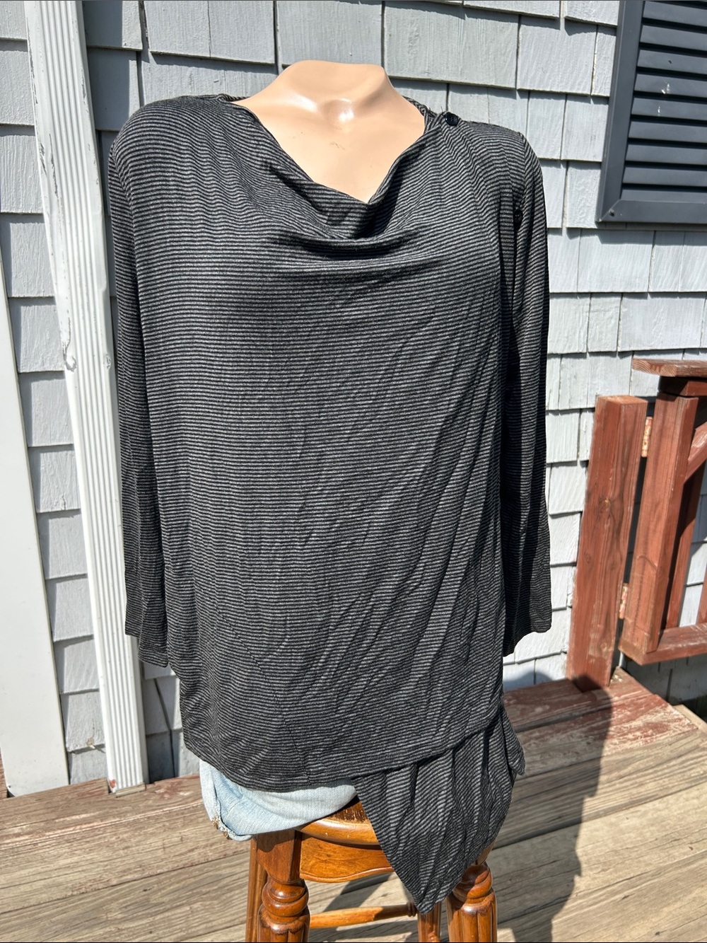 Habitat Black and Gray Striped Cowl-Neck Wrap tunic shirt - adjustable - small -